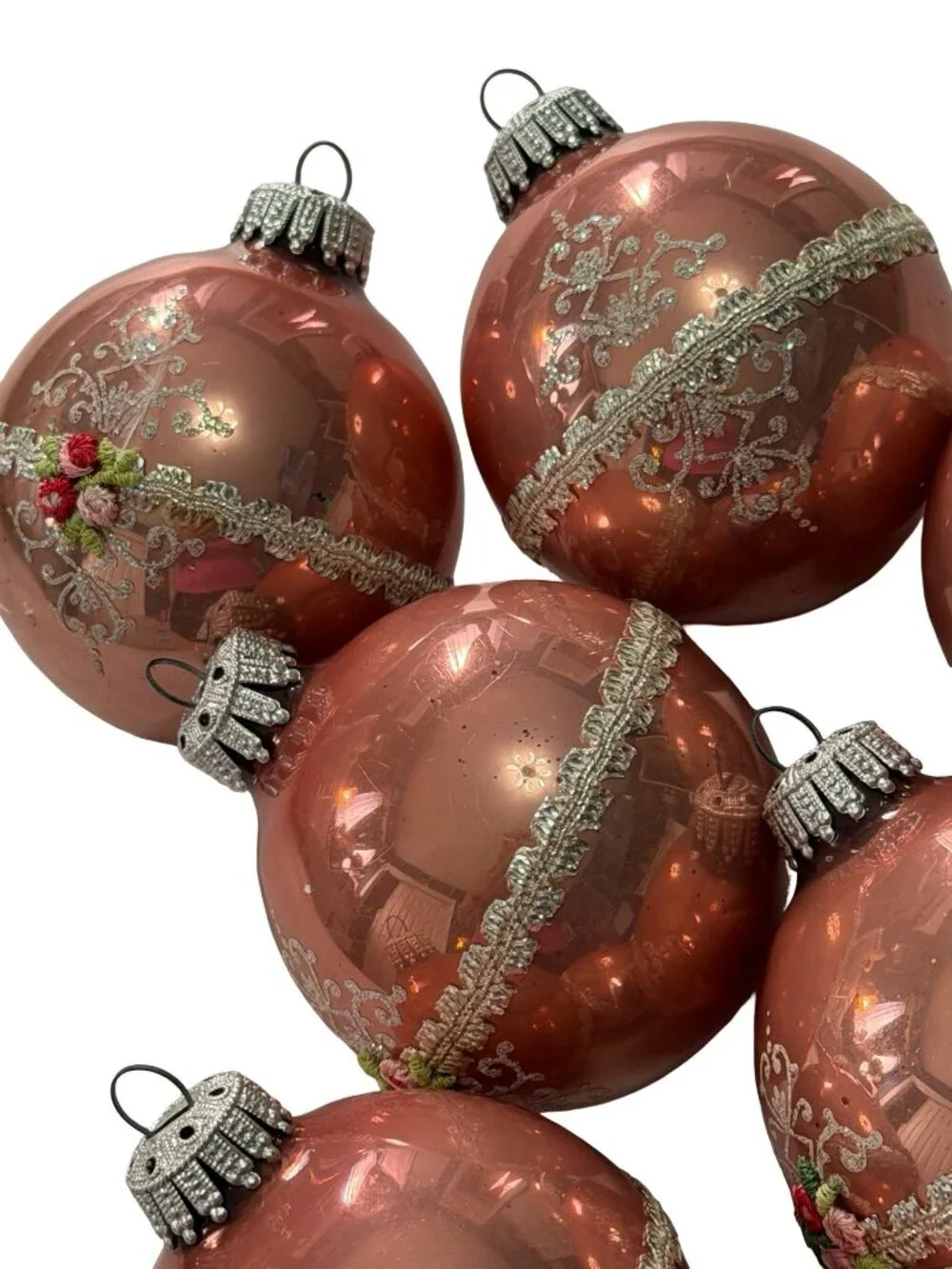 Vintage Pink Glass Christmas Ornaments Set of 9 Floral Ribbon Glitter 2.5-3